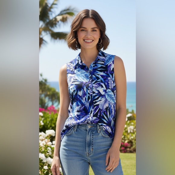 Susan Graver Tops - Susan Graver Blue Sleeveless Blouse with Collar